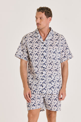 Cotton Short Pajama Set - Geometric Print - Navy and Beige