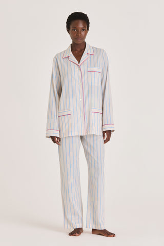 Ultra-Light Cotton Pajama Set - Pinstriped - Ivory and Blue
