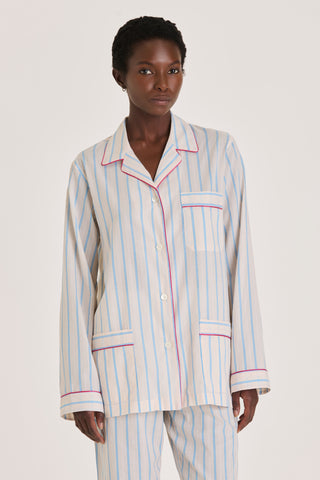 Ultra-Light Cotton Pajama Set - Pinstriped - Ivory and Blue