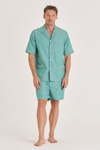 Fine Cotton Short Pajama Set - Striped - Forest Green and Blue