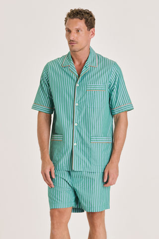 Fine Cotton Short Pajama Set - Striped - Forest Green and Blue