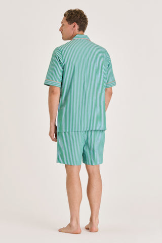 Fine Cotton Short Pajama Set - Striped - Forest Green and Blue