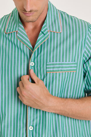 Fine Cotton Short Pajama Set - Striped - Forest Green and Blue