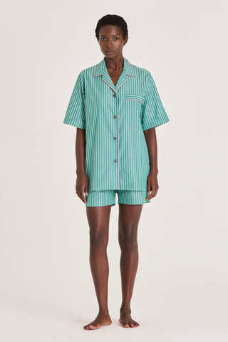 Fine Cotton Short Pajama Set - Striped - Forest Green and Blue