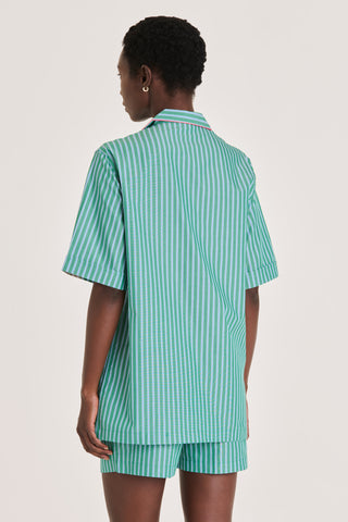 Fine Cotton Short Pajama Set - Striped - Forest Green and Blue