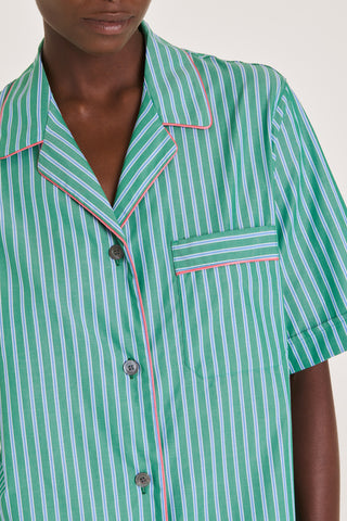 Fine Cotton Short Pajama Set - Striped - Forest Green and Blue