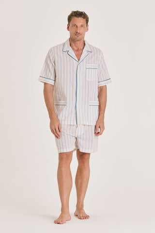 Ultra-Light Cotton Short Pajama Set - Pinstriped - Ivory and Blue