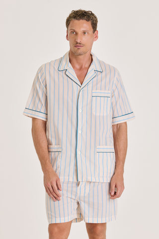 Ultra-Light Cotton Short Pajama Set - Pinstriped - Ivory and Blue
