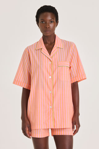 Ultra-Light Cotton Short Pajama Set - Pinstriped - Coral and Pink