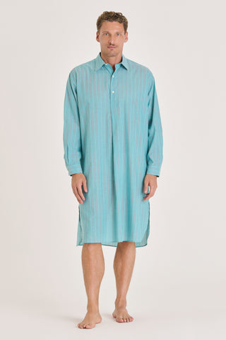 Ultra-Light Cotton Classic Collar Nightshirt - Pinstriped - Pale Teal