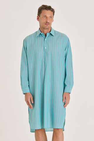 Ultra-Light Cotton Classic Collar Nightshirt - Pinstriped - Pale Teal
