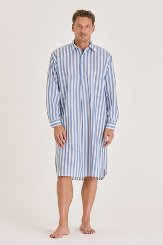Ultra-Light Cotton Classic Collar Nightshirt - Striped - Avion Blue