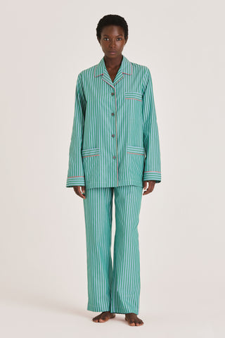 Fine Cotton Pajama Set - Striped - Forest Green and Blue