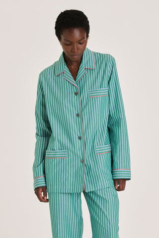 Fine Cotton Pajama Set - Striped - Forest Green and Blue