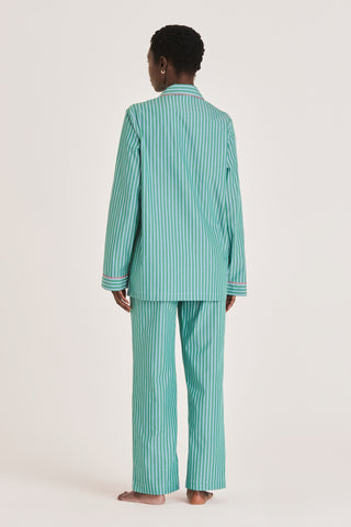 Fine Cotton Pajama Set - Striped - Forest Green and Blue