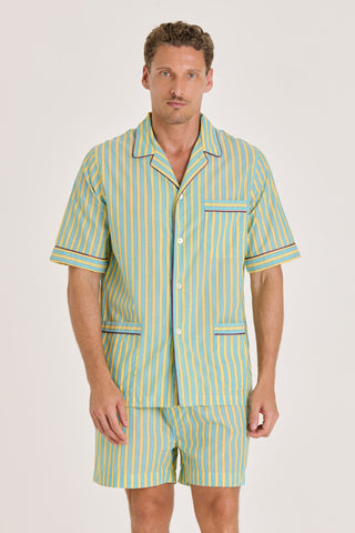 Ultra-Light Cotton Short Pajama Set - Striped - Turquoise and Yellow