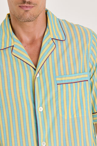 Ultra-Light Cotton Short Pajama Set - Striped - Turquoise and Yellow