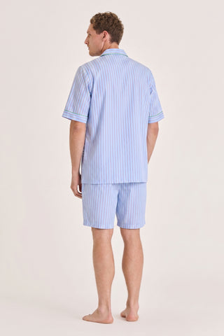 Ultra-Light Cotton Short Pajama Set - Pinstriped - Light Blue and Cherry Red