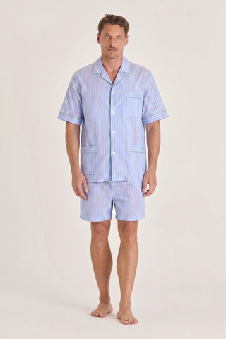 Ultra-Light Cotton Short Pajama Set - Pinstriped - Light Blue and Cherry Red