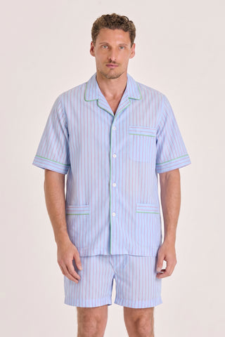 Ultra-Light Cotton Short Pajama Set - Pinstriped - Light Blue and Cherry Red