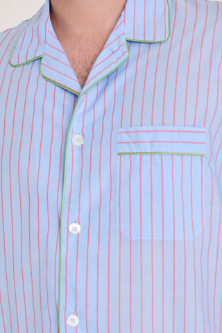Ultra-Light Cotton Short Pajama Set - Pinstriped - Light Blue and Cherry Red