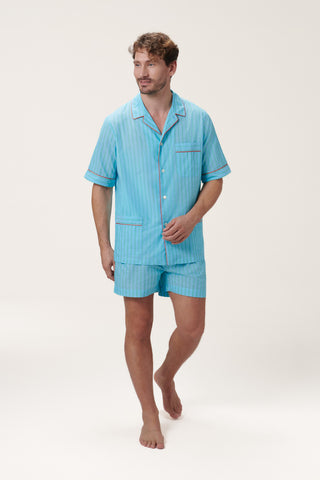 Ultra-Light Cotton Short Pajama Set - Striped - Ocean Blue