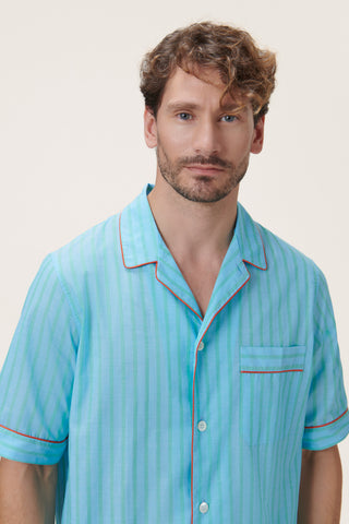 Ultra-Light Cotton Short Pajama Set - Striped - Ocean Blue