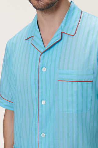 Ultra-Light Cotton Short Pajama Set - Striped - Ocean Blue