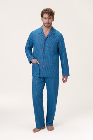 Premium Cotton Flannel Pajama Set - Gingham - Steel Blue