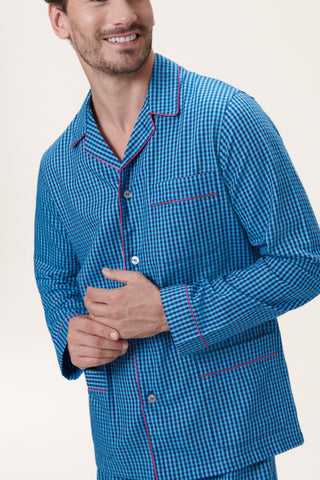 Premium Cotton Flannel Pajama Set - Gingham - Steel Blue