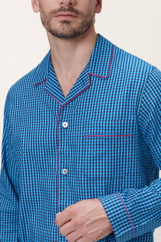 Premium Cotton Flannel Pajama Set - Gingham - Steel Blue