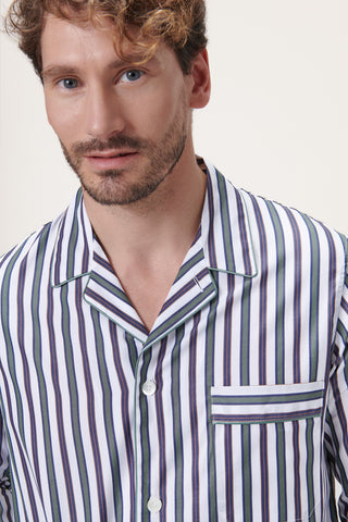 Cotton Pajama Set - Striped - Ink Blue and Forest Green