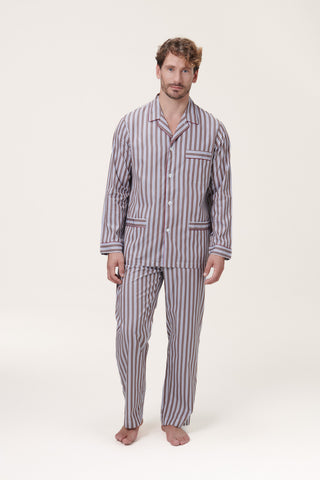 Cotton Pajama Set - Striped - Navy and Brown