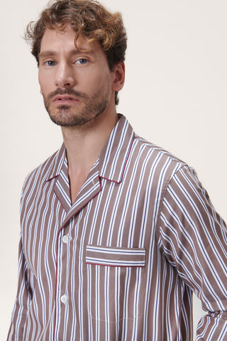 Cotton Pajama Set - Striped - Navy and Brown