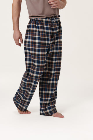 Premium Cotton Flannel Lounge Pants - Plaid - Navy and Brown