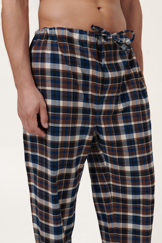 Premium Cotton Flannel Lounge Pants - Plaid - Navy and Brown