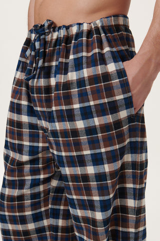 Premium Cotton Flannel Lounge Pants - Plaid - Navy and Brown