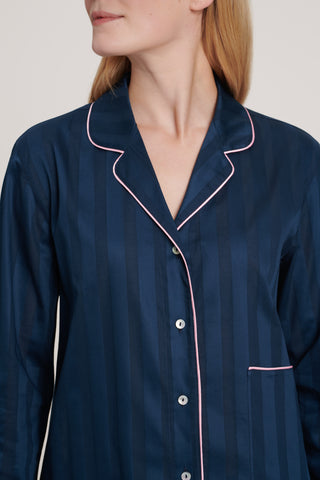 Cotton Satin Stripe Pajama Set - Navy Blue