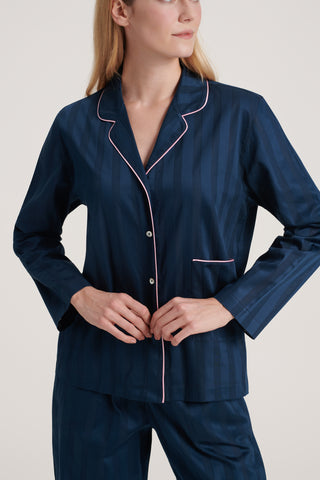 Cotton Satin Stripe Pajama Set - Navy Blue