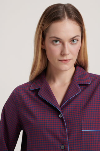 Premium Cotton Flannel Pajama Set - Gingham - Cherry Red and Navy Blue