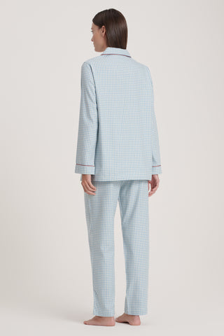 Premium Cotton Flannel Pajama Set - Gingham - Sky and White