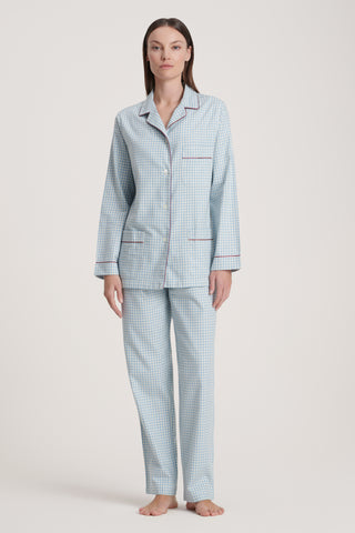 Premium Cotton Flannel Pajama Set - Gingham - Sky and White