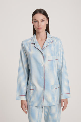Premium Cotton Flannel Pajama Set - Gingham - Sky and White