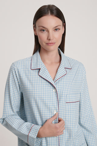 Premium Cotton Flannel Pajama Set - Gingham - Sky and White