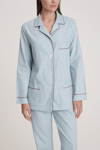Premium Cotton Flannel Pajama Set - Gingham - Sky and White