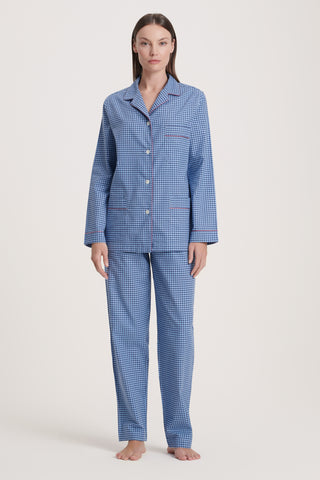 Premium Cotton Flannel Pajama Set - Gingham - Navy Blue and Sky