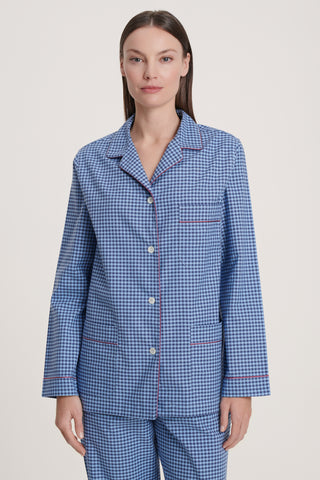 Premium Cotton Flannel Pajama Set - Gingham - Navy Blue and Sky