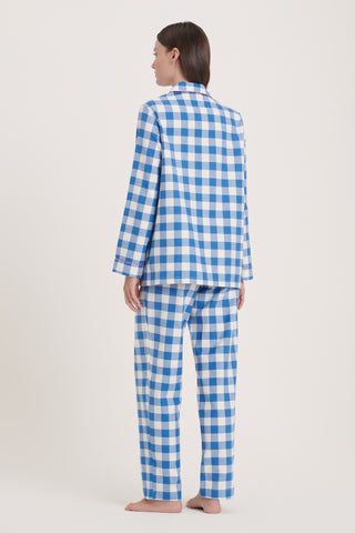 Premium Cotton Flannel Pajama Set - Checkered - Light Blue and White
