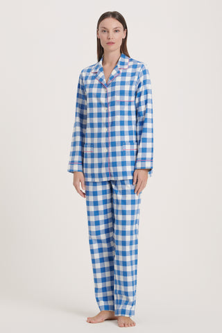 Premium Cotton Flannel Pajama Set - Checkered - Light Blue and White