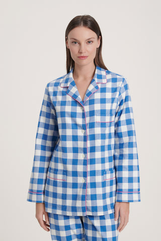 Premium Cotton Flannel Pajama Set - Checkered - Light Blue and White